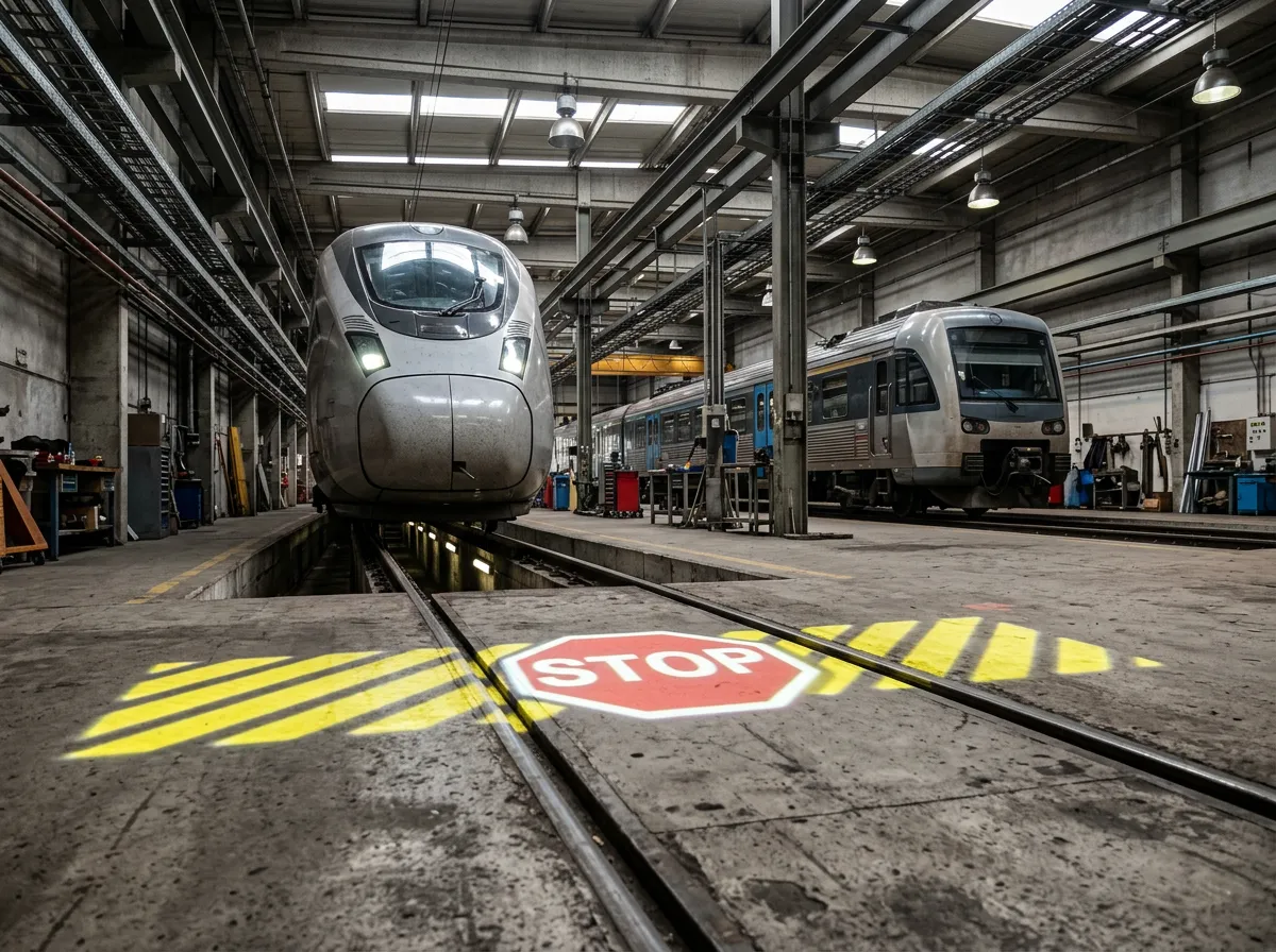 Illustratie: stopstreep met licht geprojecteerd vlak voor een trein in de werkplaats