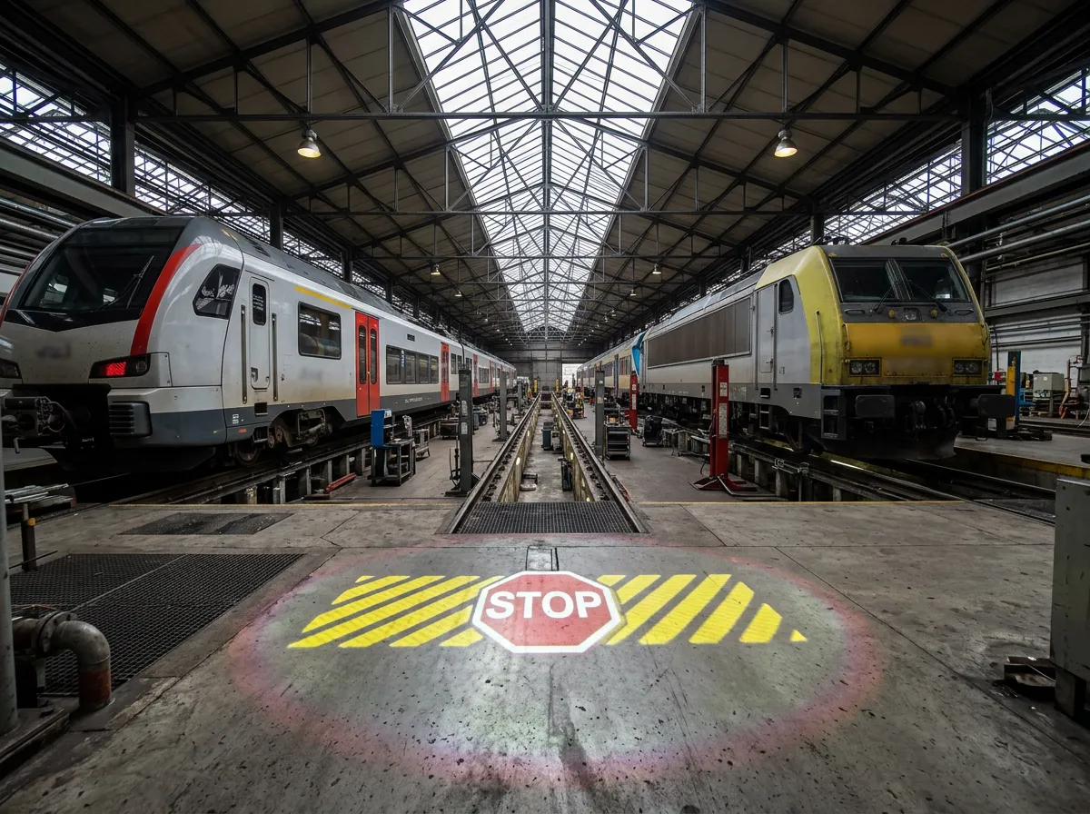 Illustratie: geprojecteerde stopstreep met stopbord op de vloer tussen treinen in een tractiewerkplaats
